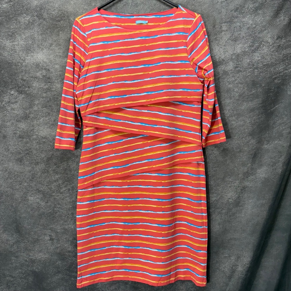 J. McLaughlin Nicola Tiered Sheath Dress Sz L Coral Pink Striped Catalina Cloth
